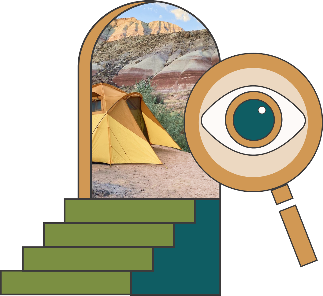 A magnifying glass with an eye over a doorway with stairs leading up to a magical passageway. Through the passage, there is a tent with beautiful canyons in the background.