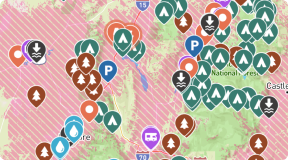 Map showing cell service coverage and campground pins