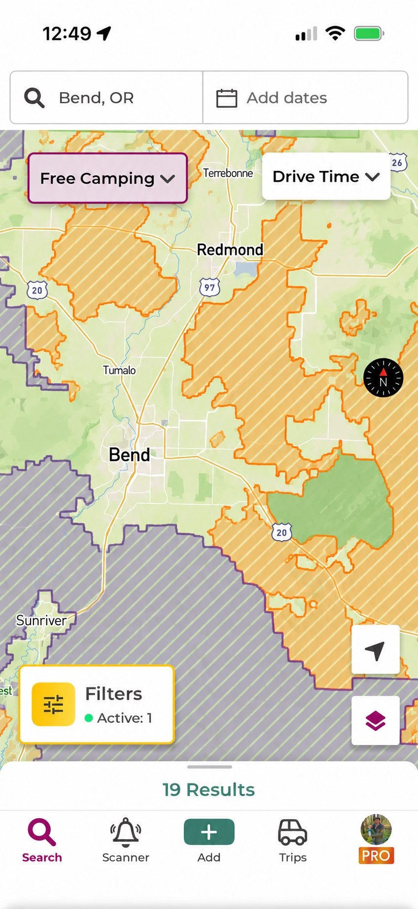 The Dyrt app showing free dispersed camping spots on public land near Bend, Oregon