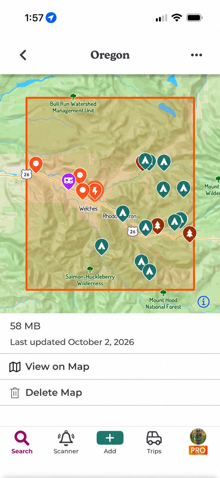 Offline Maps in The Dyrt app: a saved Oregon map around Mount Hood and Welches, 58 MB, with campground pins inside the downloaded area
