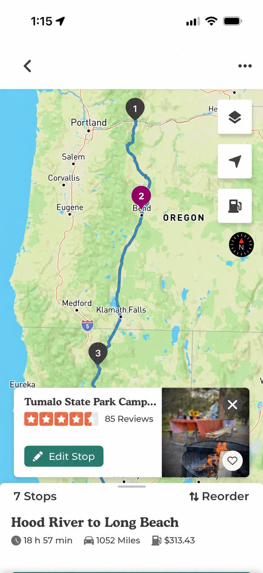 RV Trip Planner in The Dyrt app: a 7-stop route from Hood River to Long Beach through Bend, with Tumalo State Park Campground selected