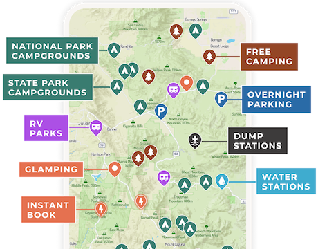 A map showing campground pins with labels